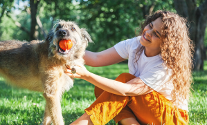 chien heureux qui joue avec son humaine